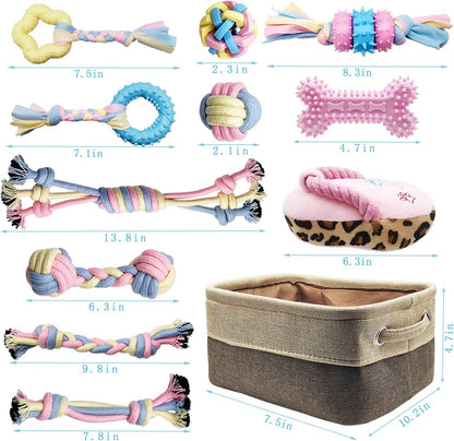 Puppy Chew Toys for Teething Puppy Toys Small Dog Rope Balls for Teething Chew Interactive Teeth Cleaning Tug Toys Storage Baske