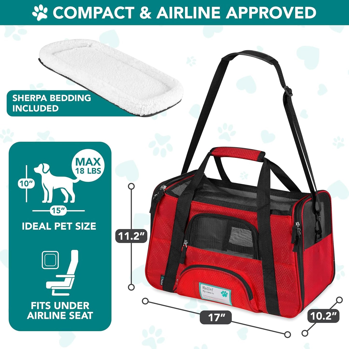 Airline Approved Pet Carrier for Cats & Small Dogs, Soft Sided TSA Travel Carrier Bag with Sherpa Bed, Breathable Mesh Ventilation, Collapsible Bowl, Fits under Seat, up to 18 Lbs, Small Red